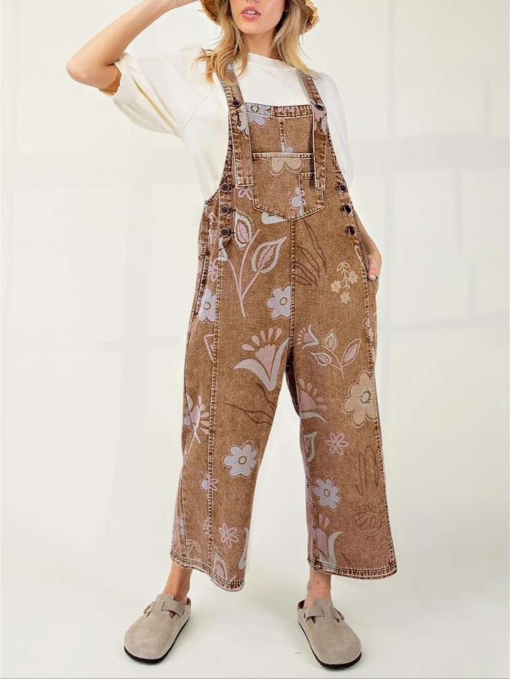 Brown Floral Denim Wide Leg Bib Overalls for Women. NWT Size Medium
